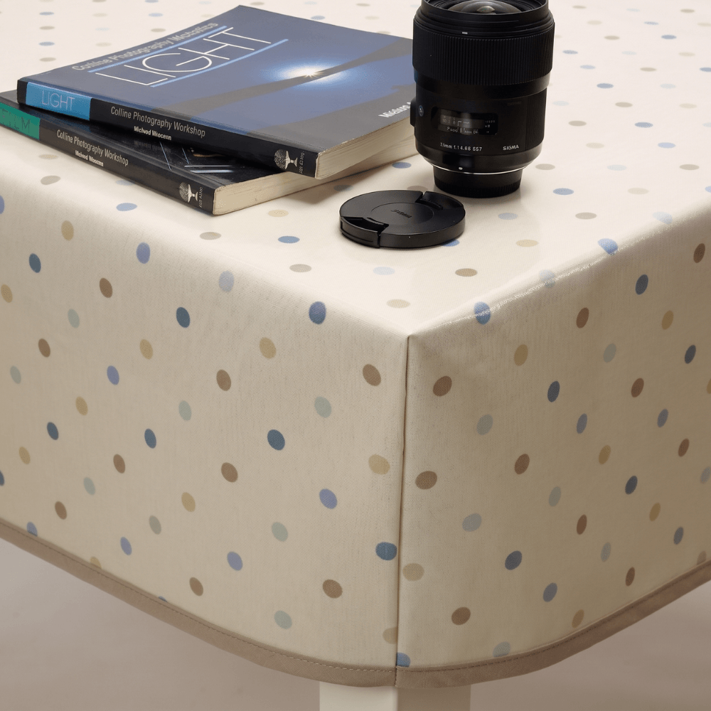 Taupe Duck Egg Blue Polka Dot Oilcloth Wipe Clean Tablecloth with boxed corners