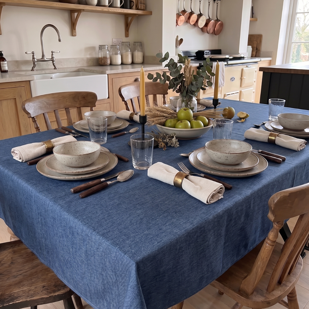 Plain Denim Blue Oilcloth Tablecloth Matte Finish Wipe Clean