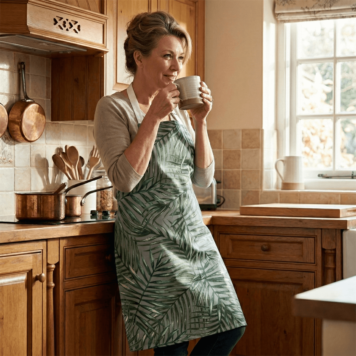 Chartwell Grey Apron Lady Stood in kitchen wearing apron