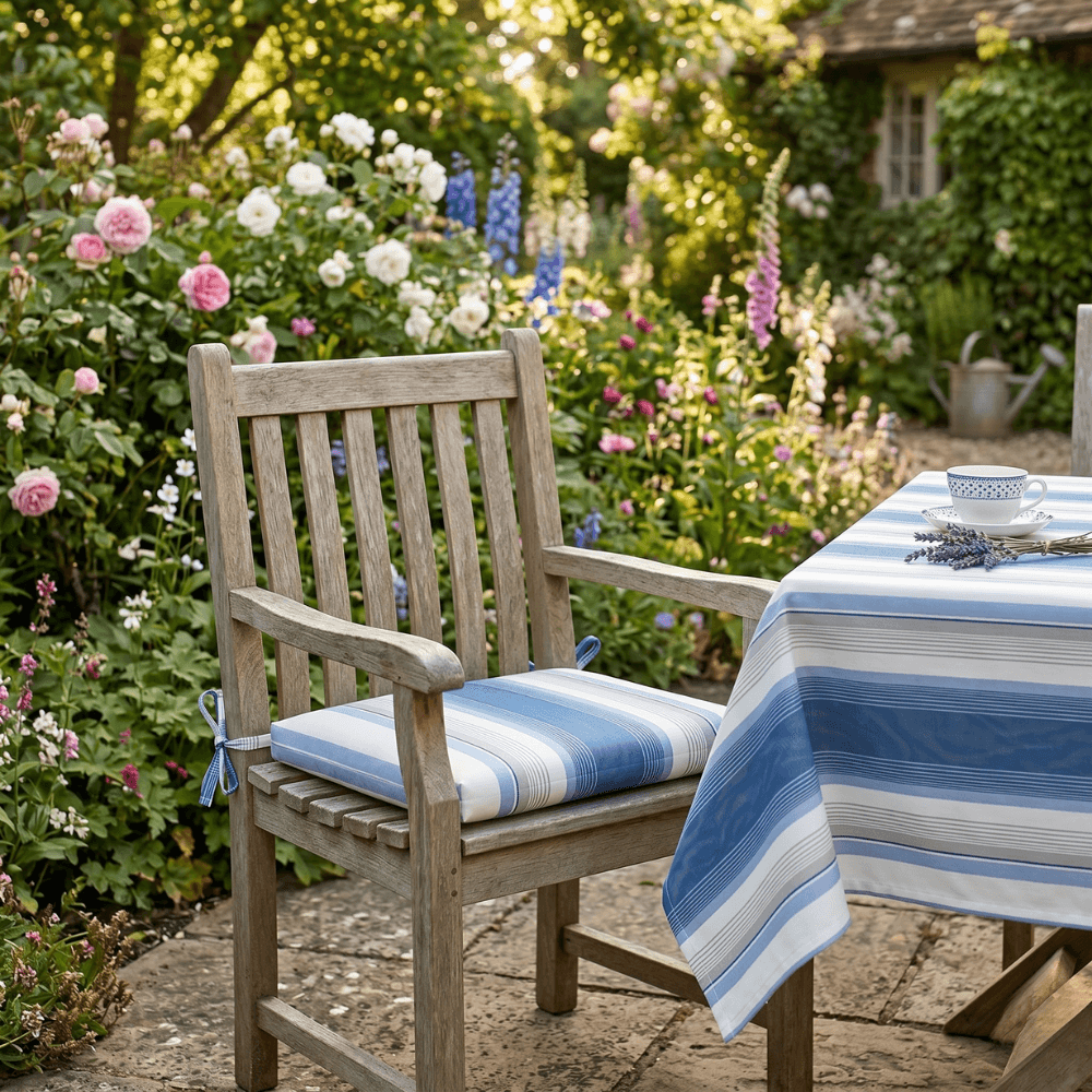 Blue Stripe Seat Pad Outdoors on a Chair in a Garden