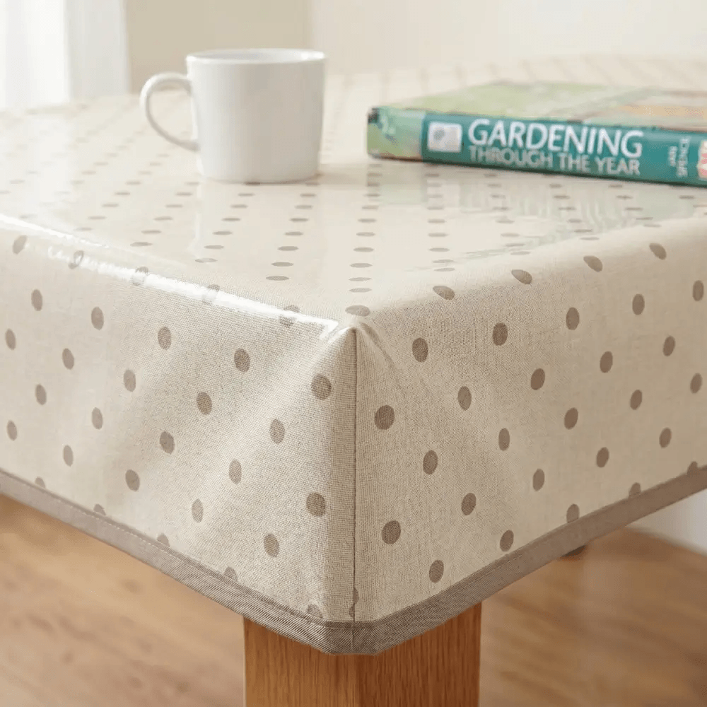 Dotty Natural Polka Dot Oilcloth WITH BOXED CORNERS & BIAS-BINDING Wipe Clean Tablecloth