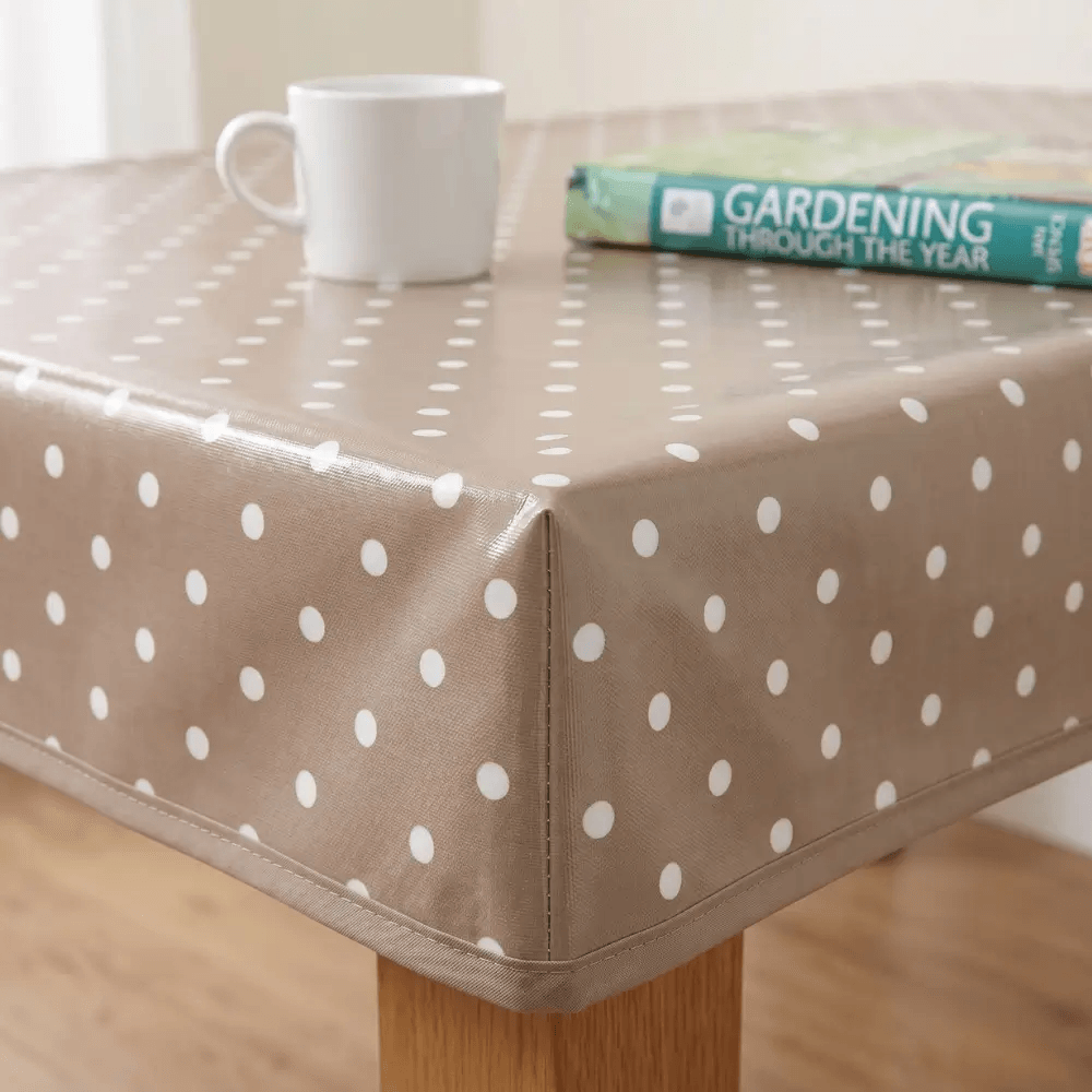 Dotty Taupe Polka Dot Oilcloth WITH BOXED CORNERS & BIAS-BINDING Wipe Clean Tablecloth