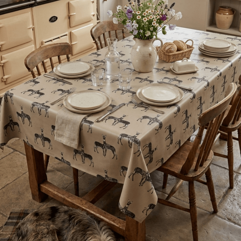 Taupe Natural Deers Matte Finish Oilcloth Tablecloth