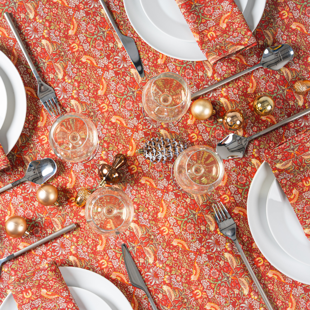 William Morris Strawberry Thief Crimson Red 100% Cotton Lightweight Fabric Tablecloth