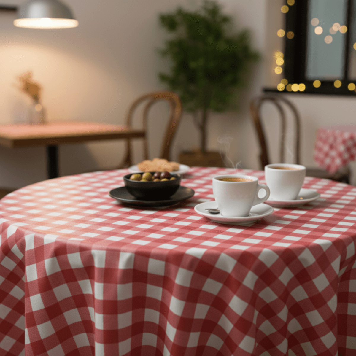 Round Red and White Traditional Gingham Check Matte Finish Oilcloth Wipe Clean Tablecloth