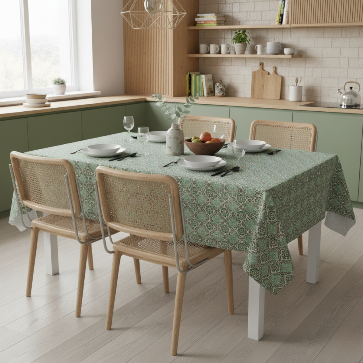 Mykonos deep green Oilcloth Tablecoth in Modern Kitchen