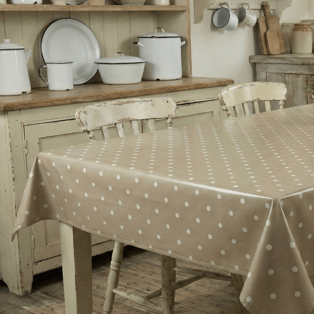Dotty Taupe Polka Dot Oilcloth WITH BIAS-BINDING HEMMED EDGING Wipe Clean Tablecloth