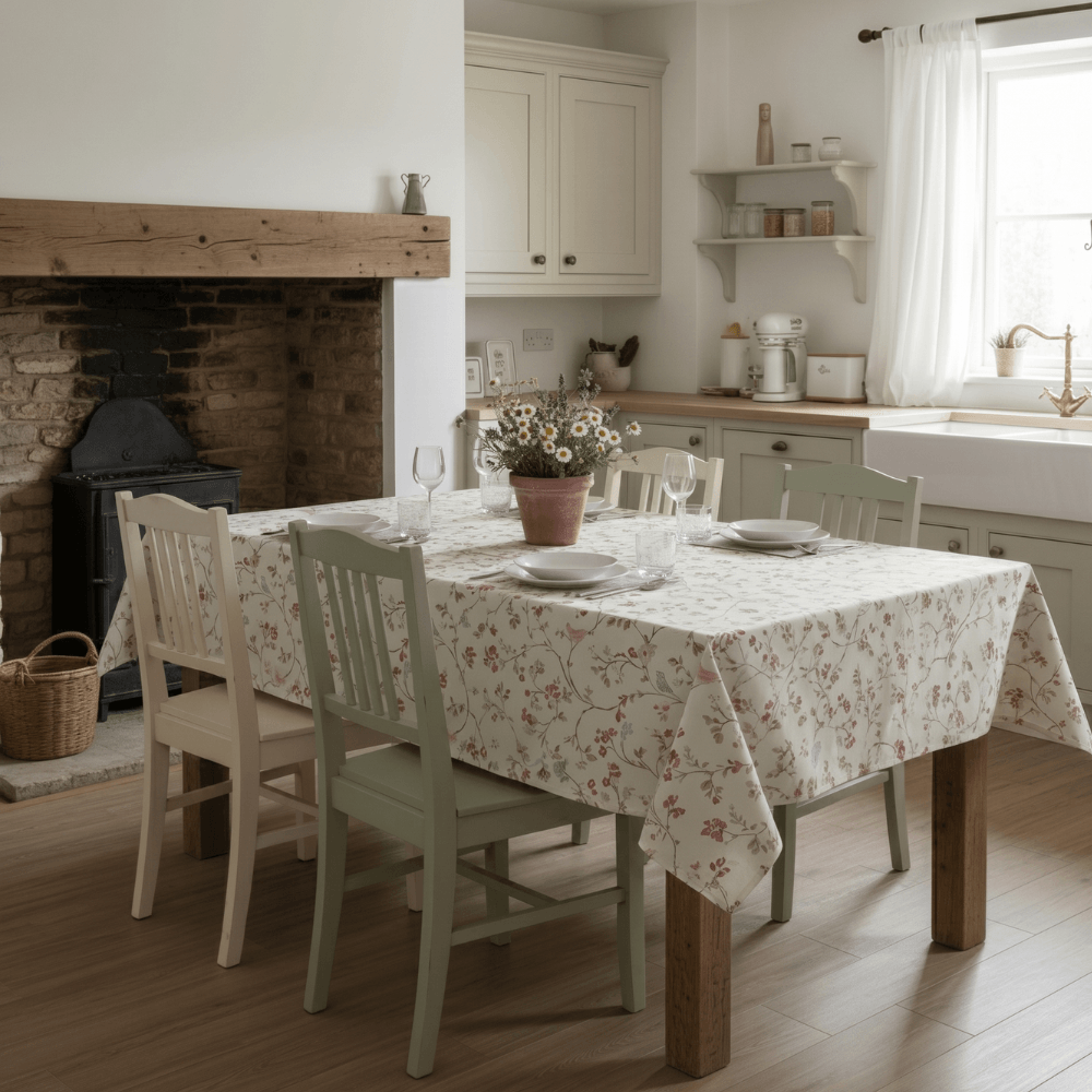 Grey Pink Blue Bird Trail Oilcloth Wipe Clean Tablecloth