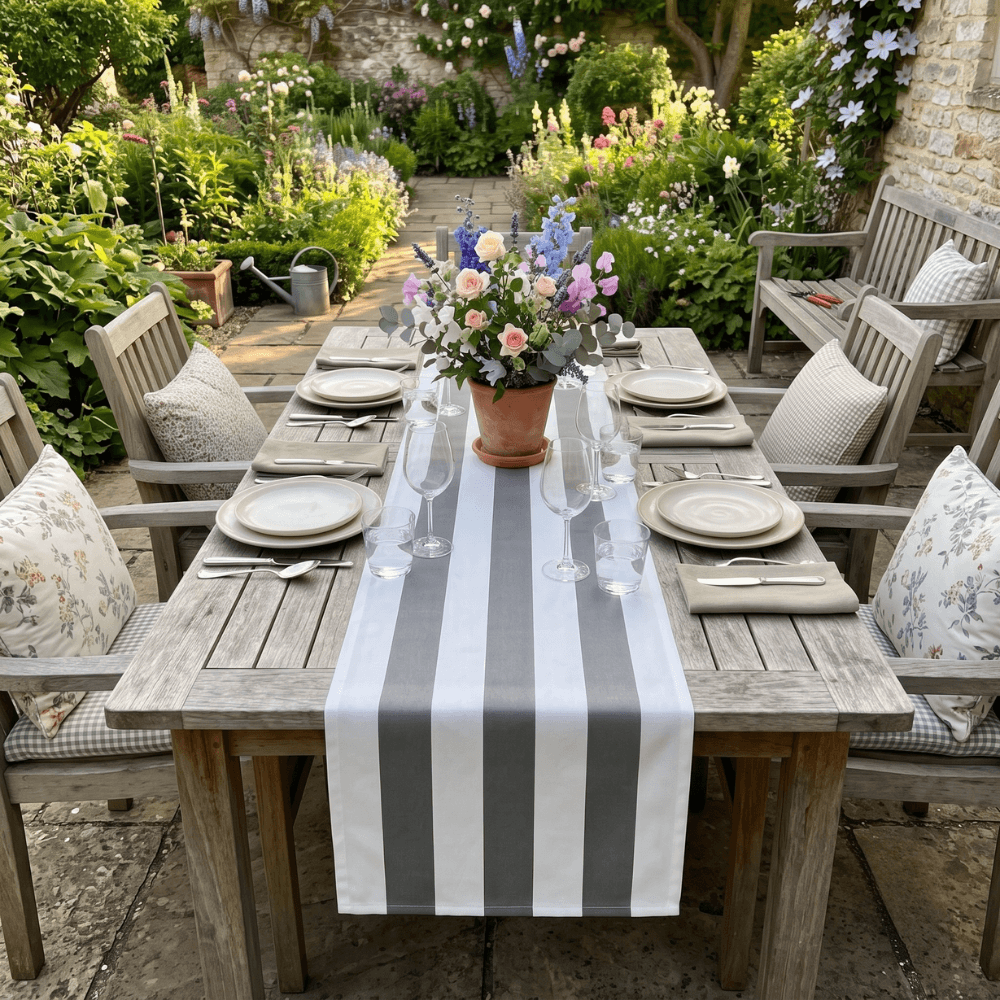 Beige and White Stripe Water Repellent Outdoor Table Runner