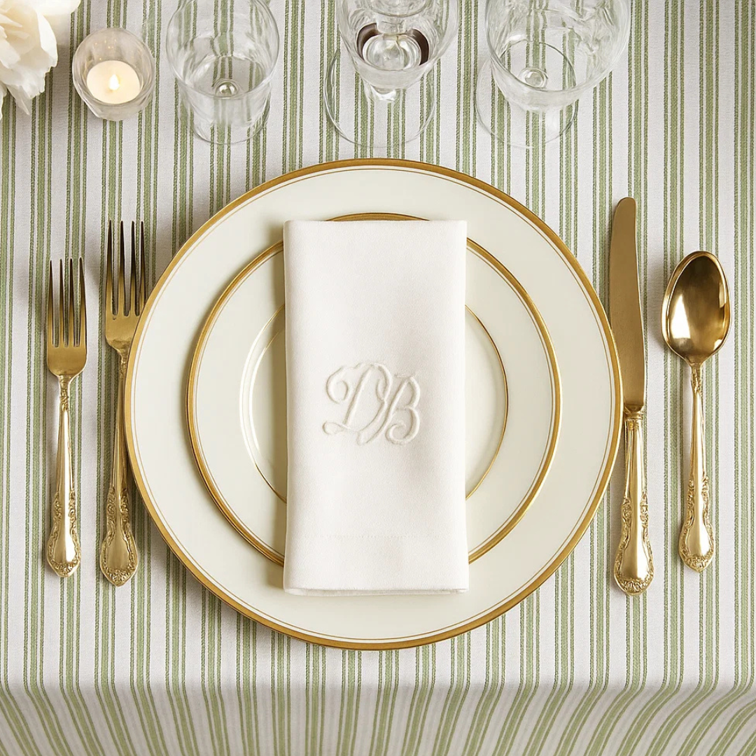 Green ticking stripe fabric tablecloth