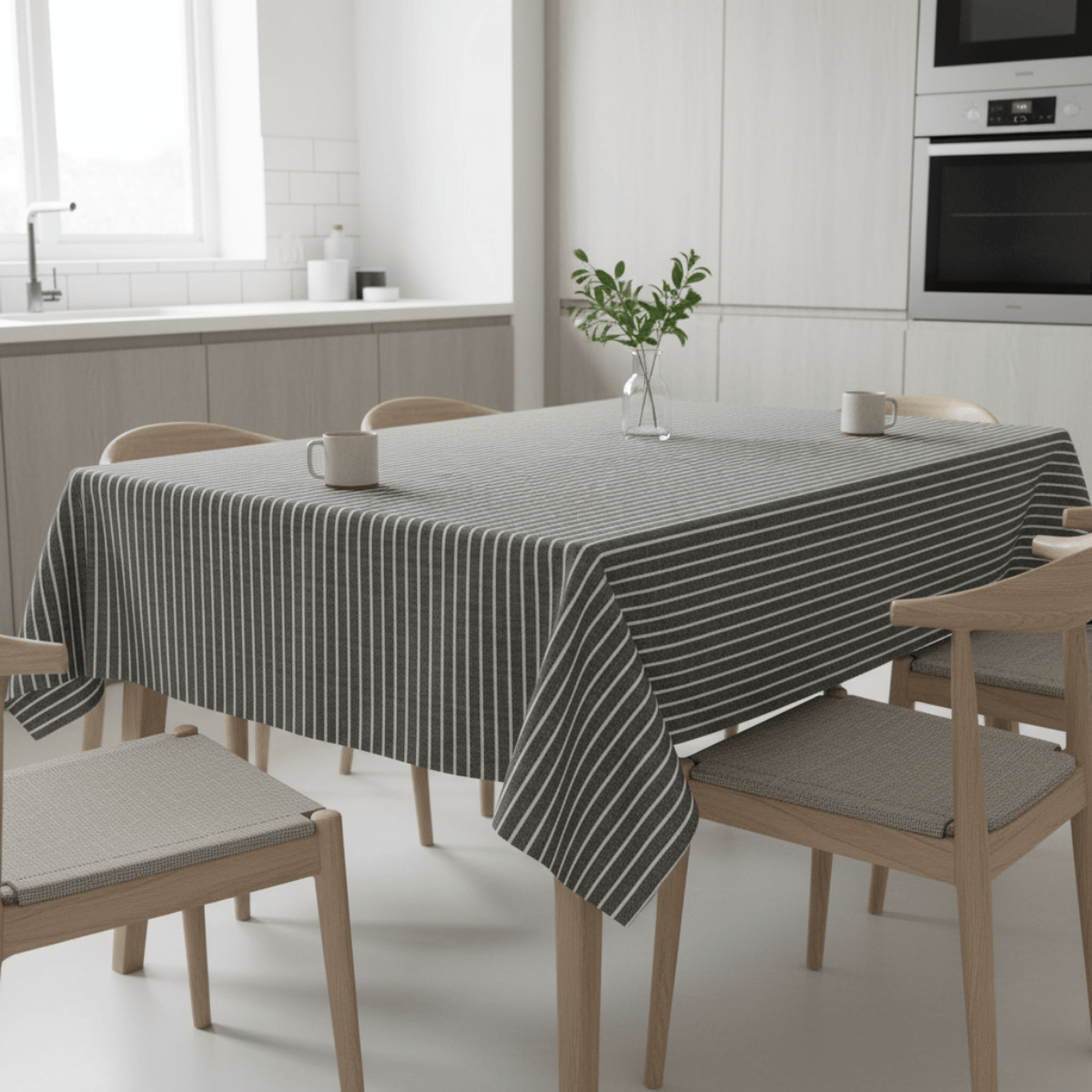 Smoke Grey and White Stripes Matte Finish Wipe Clean Oilcloth Tablecloth