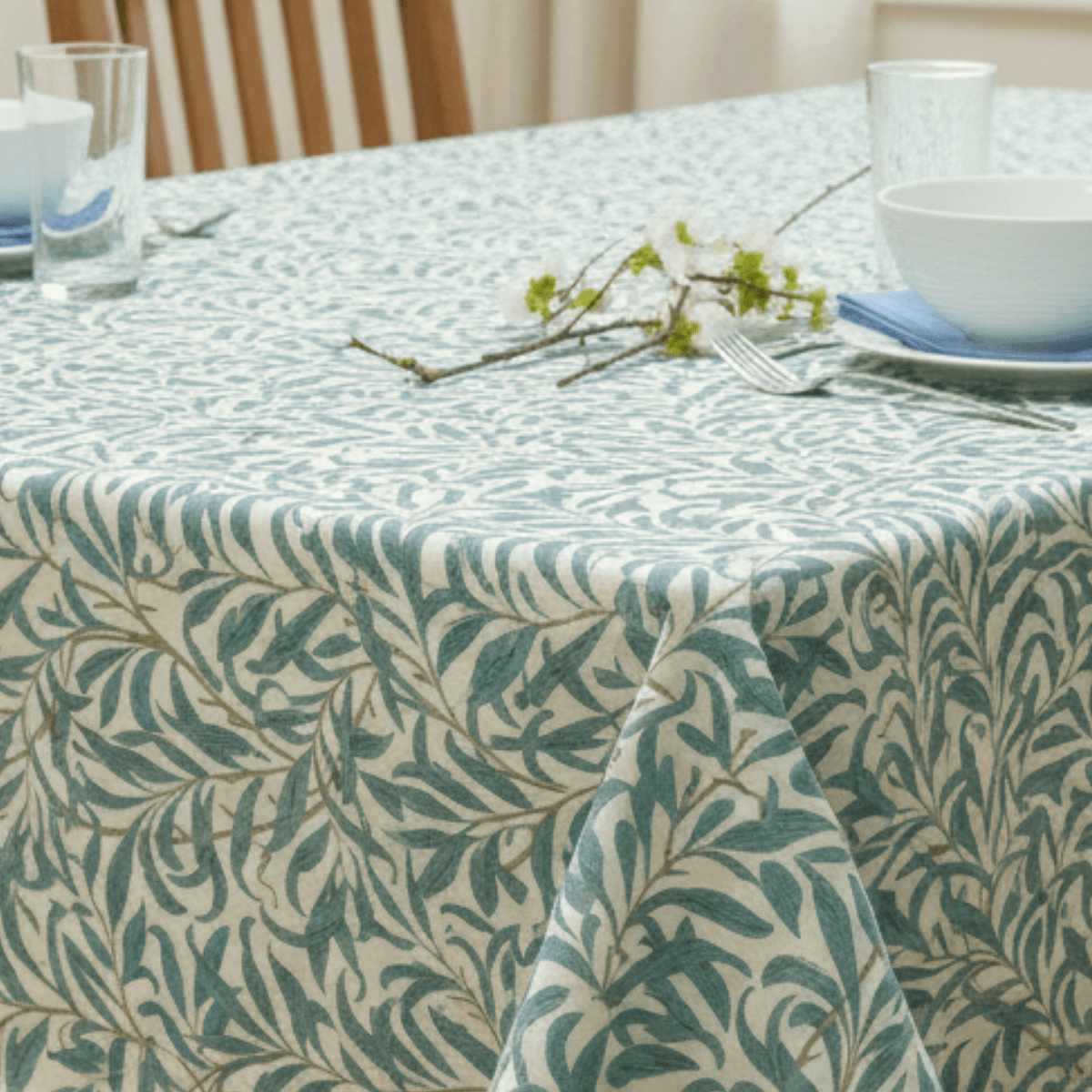Willaim Morris Willow Bough in Teal with Hemmed Edge Table Shot