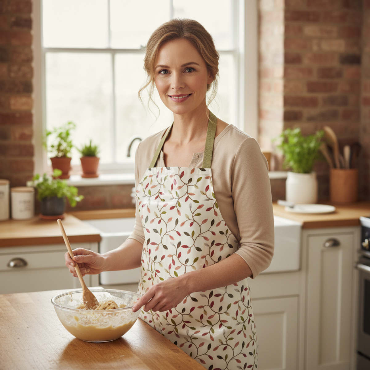 Cream Leaves and Stems Oilcloth Apron Lady Baking 