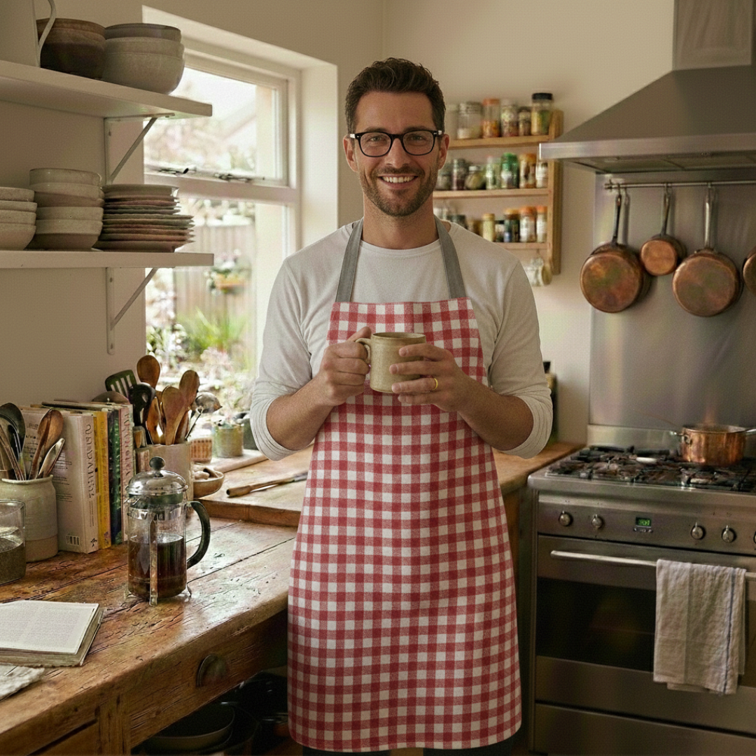 Red and White Traditional Gingham Check Matte Finish Oilcloth Wipe Clean Apron