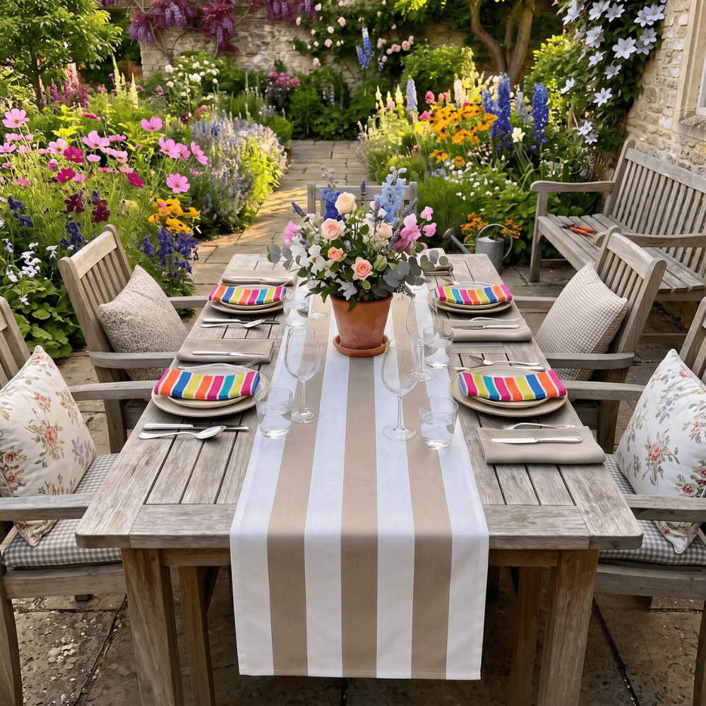 Beige and White Stripe Water Repellent Outdoor Table Runner