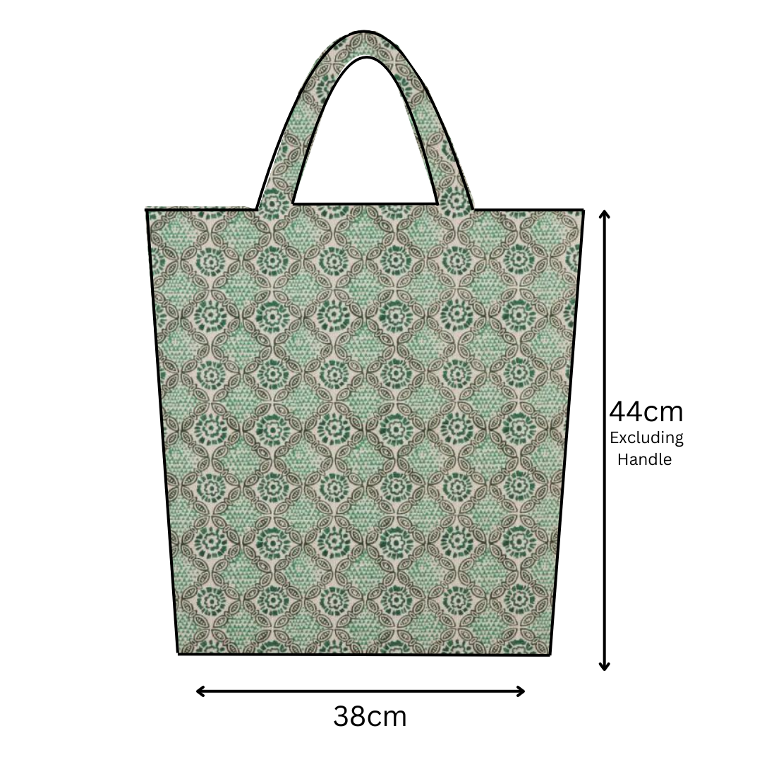 Deep Green Mykonos Mosaic Floral Matte Wipe Clean Oilcloth Tote Bag