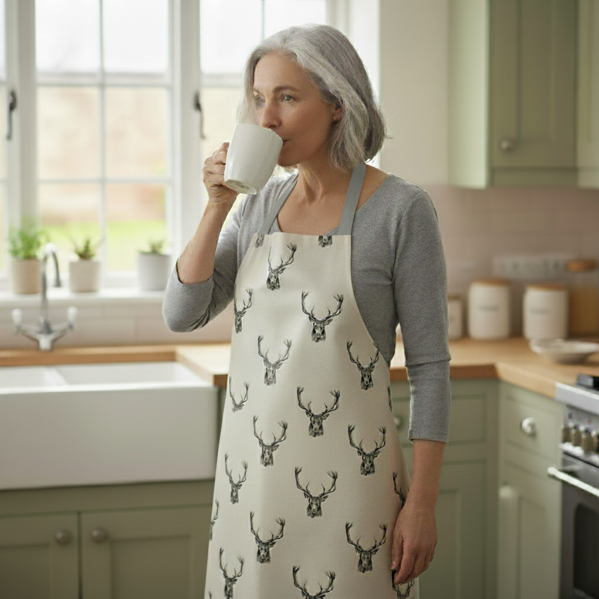 NATURAL STAGS HEADS OILCLOTH APRON