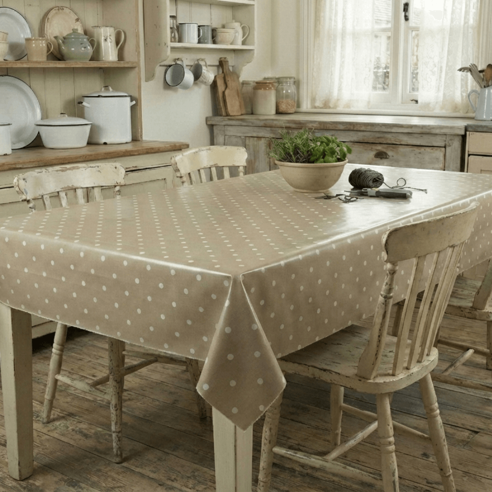 Dotty Taupe Polka Dot Oilcloth Wipe Clean Tablecloth