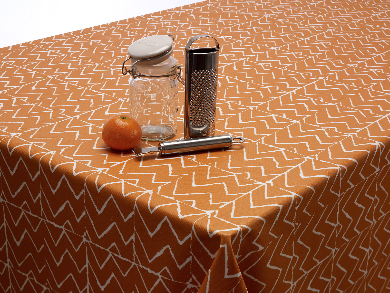 Burnt Orange Zig-Zags Chevron Oilcloth WITH BIAS-BINDING HEMMED EDGING Wipe Clean Tablecloth Matte Finish - LIMITED STOCK
