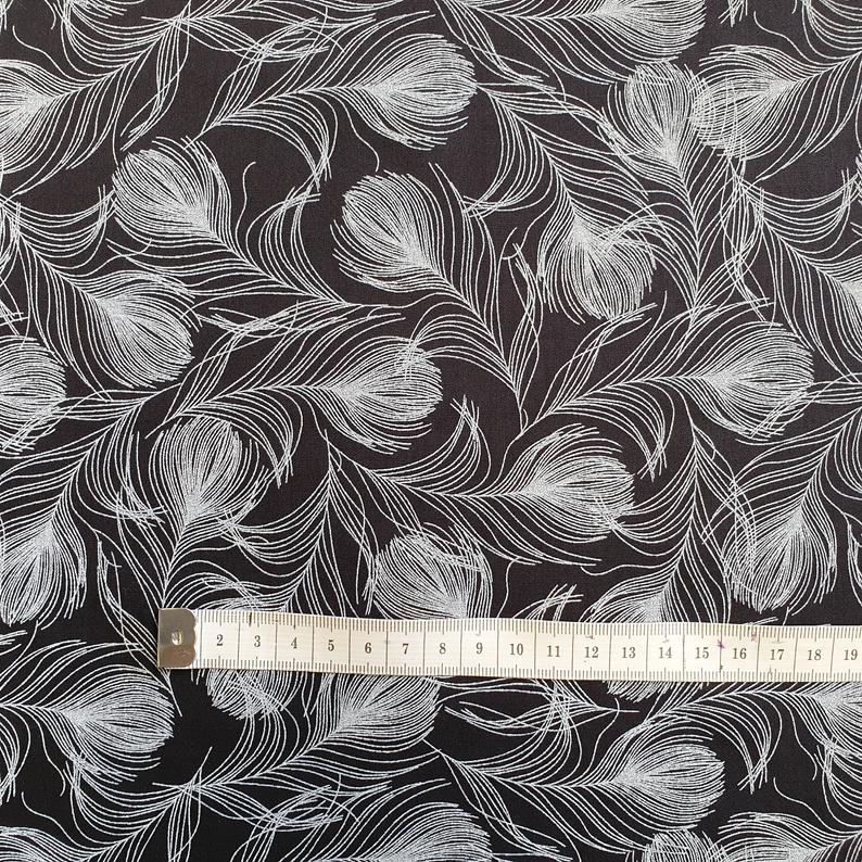 100% Cotton Poplin Crafting Quilting Fabric Charcoal And White Feathers
