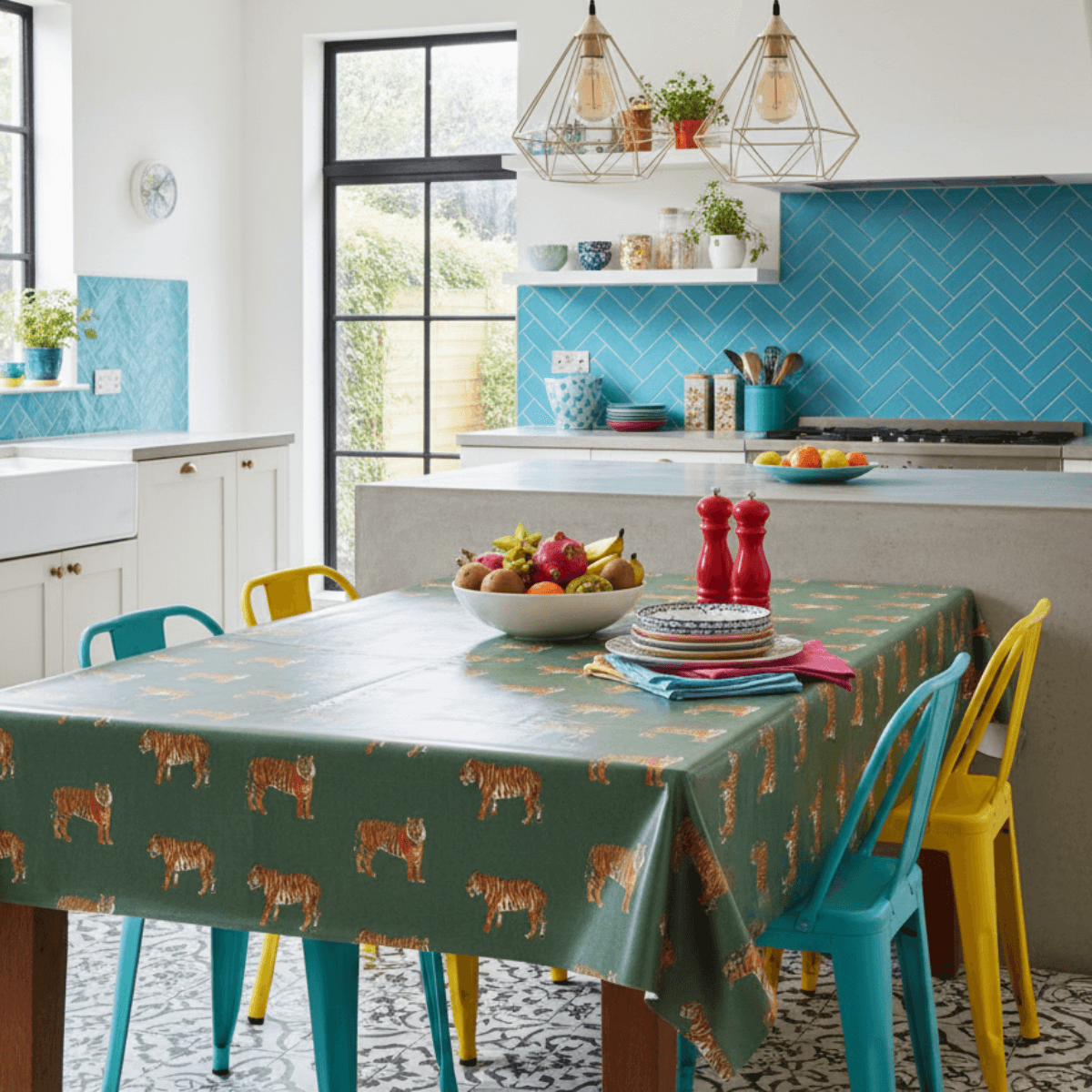 Teal Tigers Matte Finish Oilcloth Tablecloth
