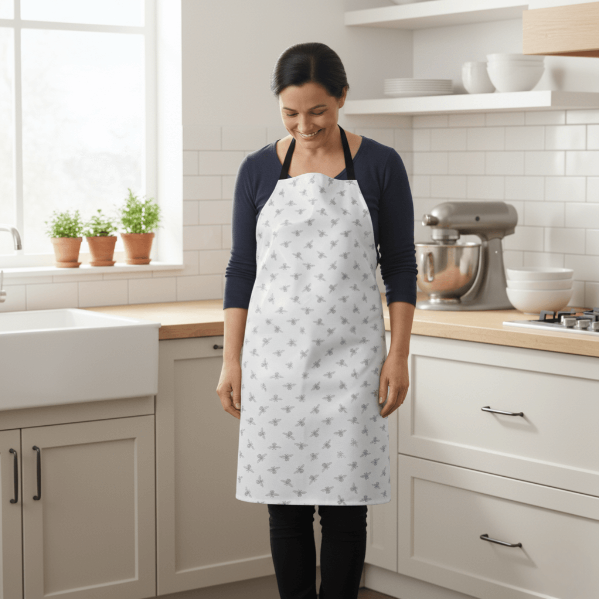 Natural Bees Oilcloth Apron Adult Lady Wearing in Kitchen