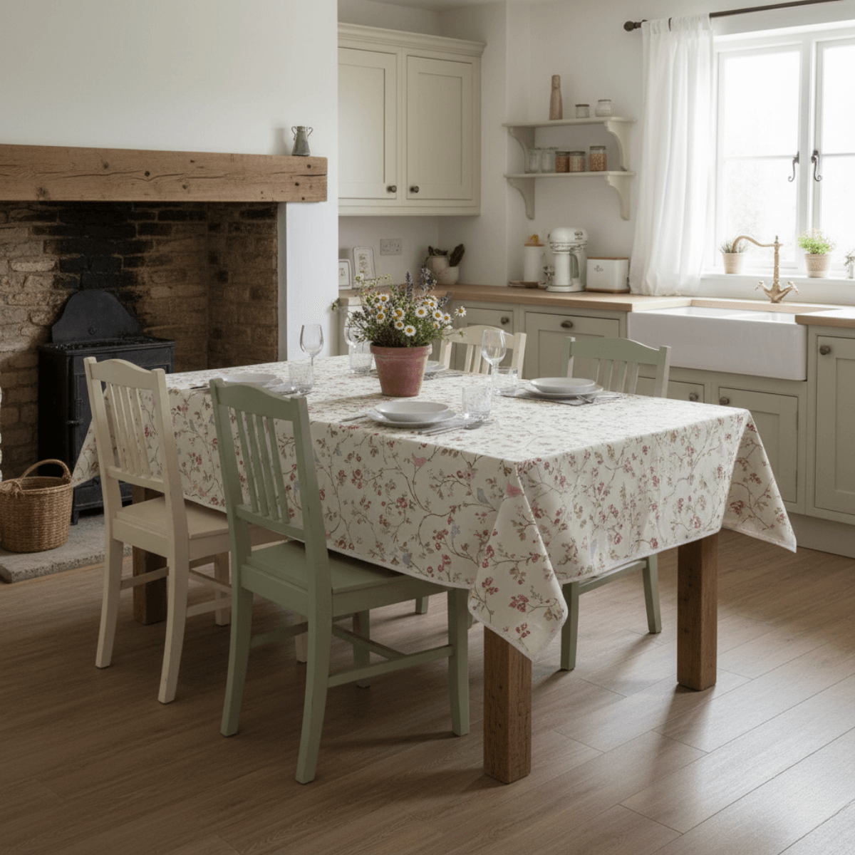 Pink Birds and Cream Oilcloth Tablecloth in a Cottage Setting