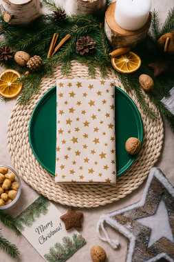 Cream & Gold Christmas Stars 100% Cotton Fabric Napkin