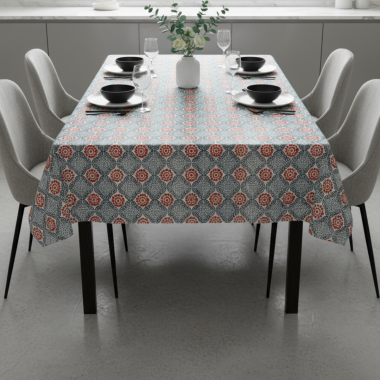 Multi Burnt Orange and Blue Oilcloth Tablecloth