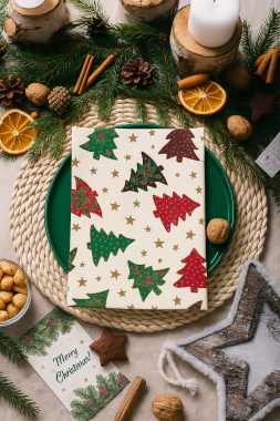 Cream Green & Red Christmas Trees 100% Cotton Fabric Napkin