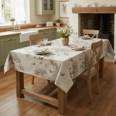 Beige Woodland Animals Oilcloth WITH BIAS-BINDING HEMMED EDGING Wipe Clean Tablecloth Matte Finish