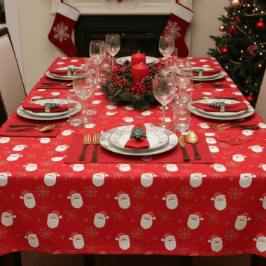 Red Happy Santa with Snowflakes Christmas Wipe Clean Oilcloth Tablecloth scene