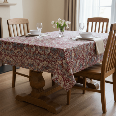William Morris Strawberry Thief in Red Oilcloth Tablecloth Table Setting