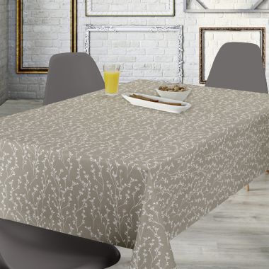Taupe and White Whimsical wildflowers Wipe Clean PVC Vinyl Tablecloth
