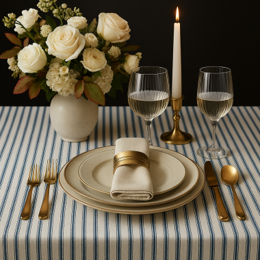 Blue Ticking Stripe Fabric tablecloth