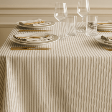 Grey and White Ticking Stripe Fabric Tableloth Table shot