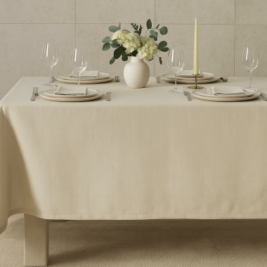 Plain Beige Fabric Tablecloth Table Setting