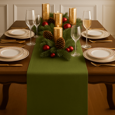 Plain Festive Olive Green Cotton Blend Fabric Table Runner