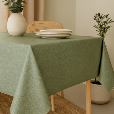 Plain Green Matte Finish Oilcloth Tablecloth Table shot