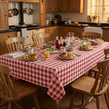Red and White Gingham PVC Vinyl 140cm x 200cm Wipe Clean Tablecloth Wholesale