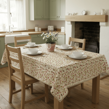 Cream and Multi Leaves and Stems Floral Oilcloth WITH BIAS-BINDING HEMMED EDGING Wipe Clean Tablecloth