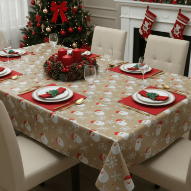 Beige Gold Happy Santa Wipe Clean Tablecloth Oilcloth Table Setting