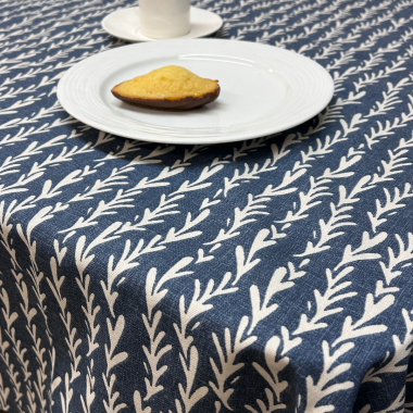Nautical Deep Blue & White Coral Floral Matte Finish Oilcloth Wipe Clean Tablecloth