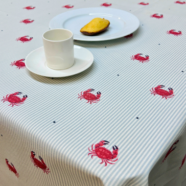Duck egg & White Stripes with Red Seaside Crabs Matte Finish Oilcloth Wipe Clean Tablecloth