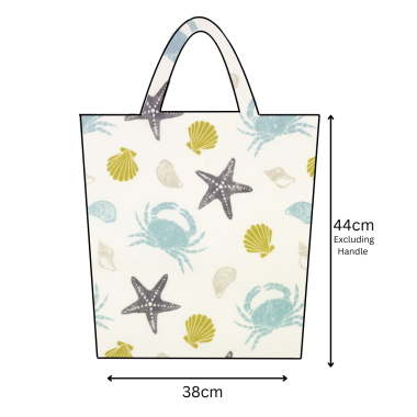 Blue Red Taupe Seashells and Crabs Oilcloth Tote Bag