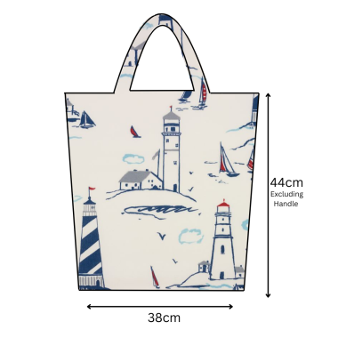 Blue Traditional Lighthouse Scene Oilcloth Tote Bag