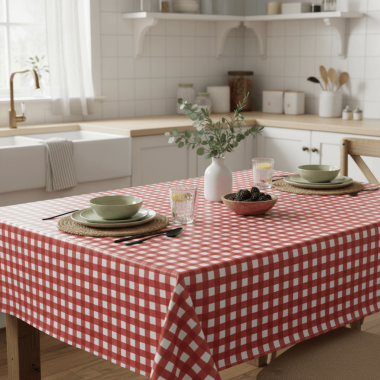Red and White Traditional Gingham Wipe Clean Oilcloth Tablecloth setting 