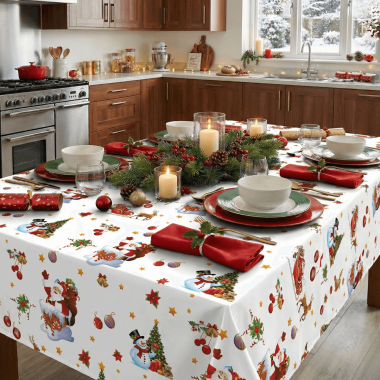 Christmas White Santa and Snowman PVC Vinyl Tablecloth