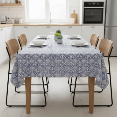China Blue Mykonos Mosaic Floral Matte Wipe Clean Oilcloth Tablecloth