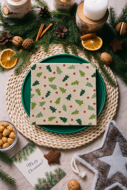 Linen and Green Christmas Trees Fabric Napkins